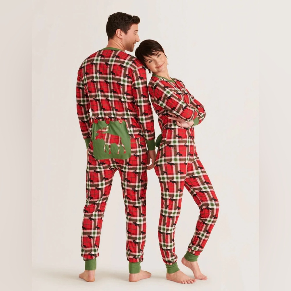 Little Blue House Holiday Moose Plaid Union Suit Onesie Pajamas, Unisex